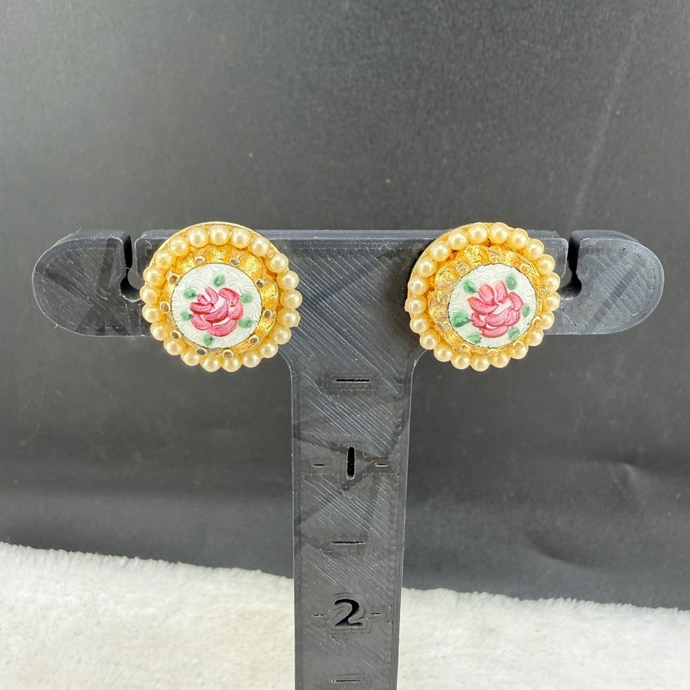 Vintage Coro Earrings Gold Pink Rose Guilloche Faux Pearl Screw Back‎